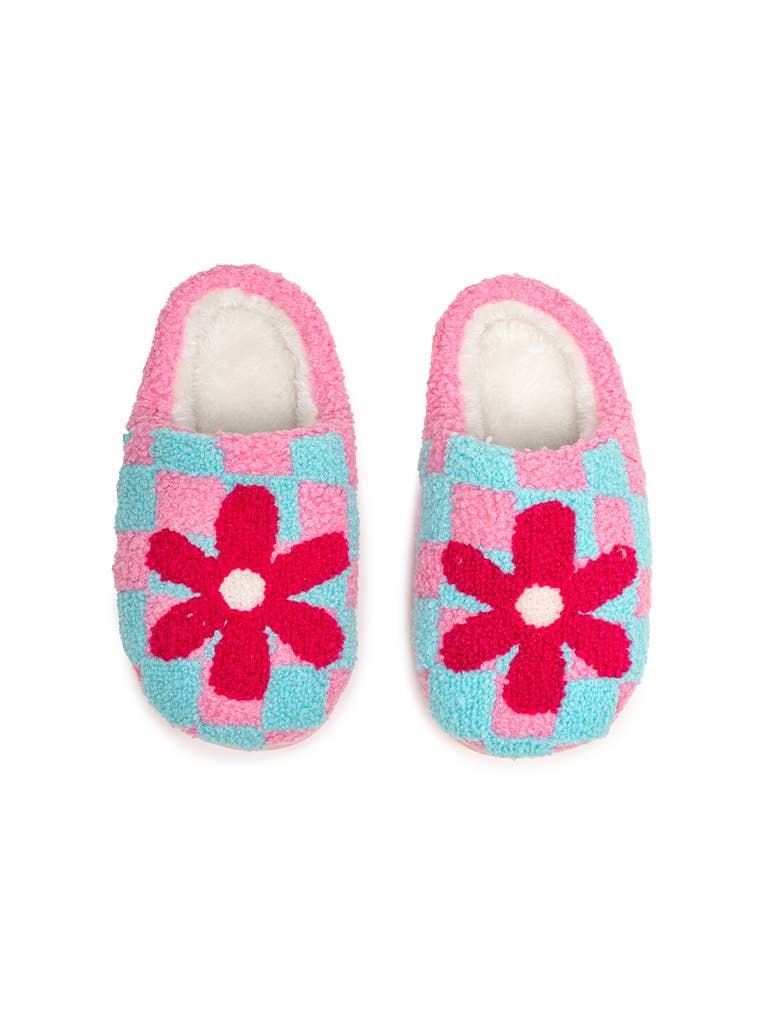 Living Royal - Wholesale Slippers - Kids - Indoor / Outdoor Slippers - Kids- Checker w/Red Flower -Pink