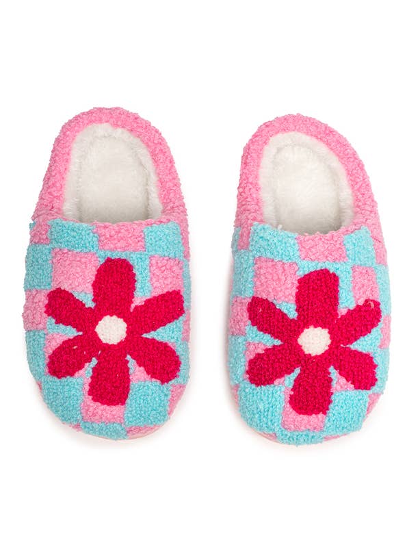 Living Royal - Wholesale Slippers - Kids - Indoor / Outdoor Slippers - Kids- Checker w/Red Flower -Pink0