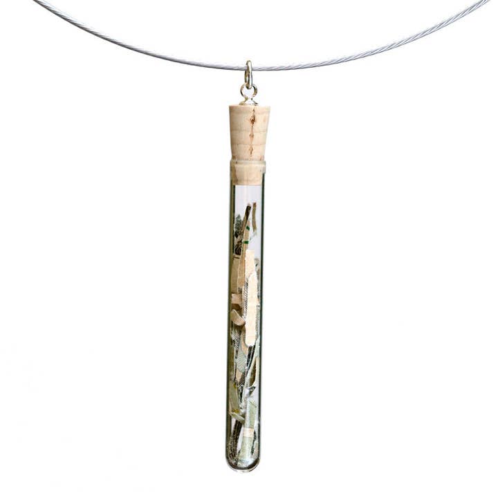 Shredded money test tube pendant on steel cable for wholesale by Amy Pfaffman Jewelry