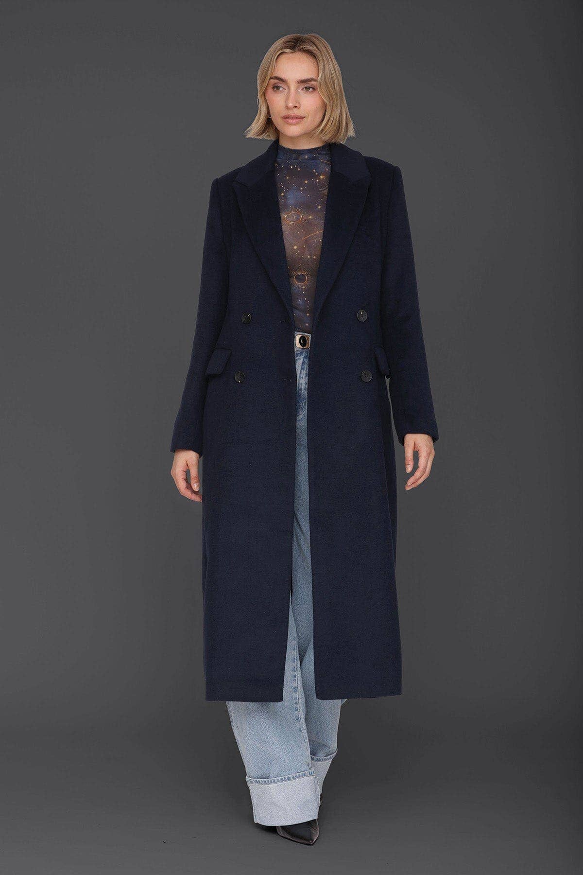 Navy Wool Blend Double Breasted Coat for wholesale on Faire3