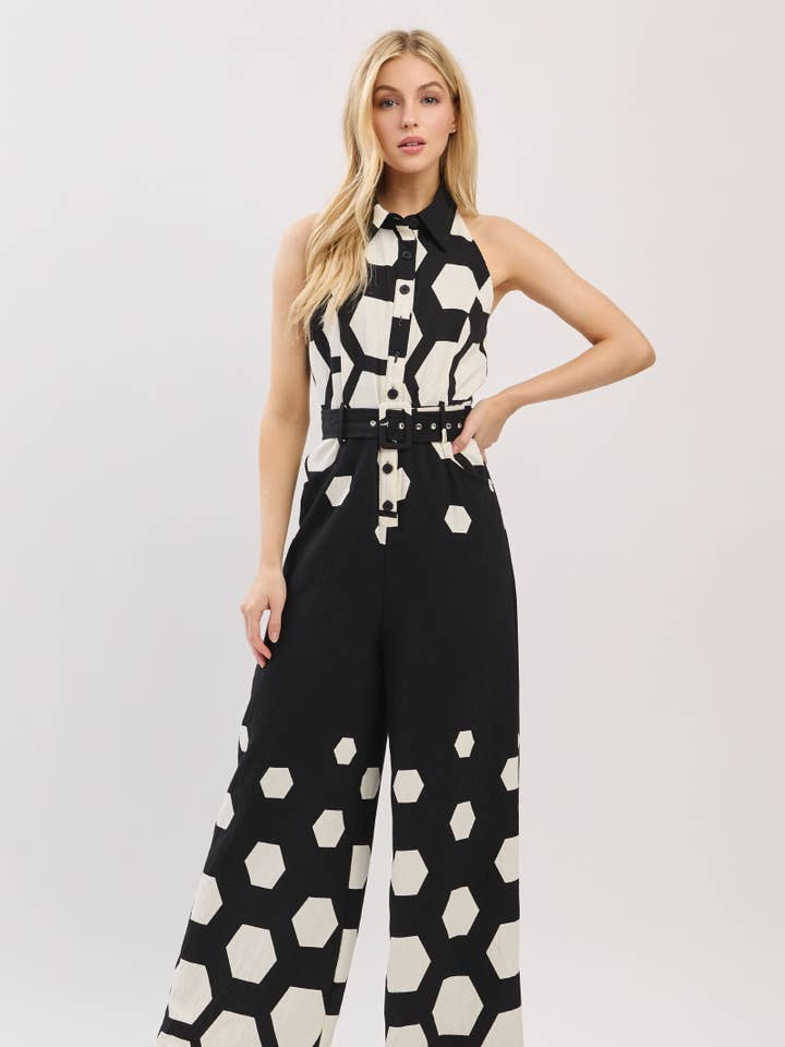 Mono sin mangas con estampado de colmena y botones HR3188-NEGRO para venta al por mayor de B I G H I T Fashion