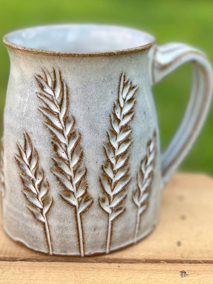 Carved Wheat Mug - Tapered for wholesale by Uphill Pottery