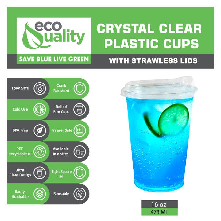 EcoQuality - Wholesale Disposable Cup - 16oz Disposable Pet Clear Plastic Smoothie Cups w/Sip Throug