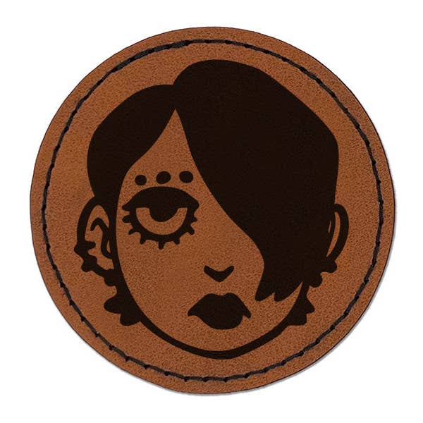 Emo Goth Woman Head Person Round Iron-On Engraved Faux Leather Patch Applique - 2.5 Inch for wholesale by Sniggle Sloth
