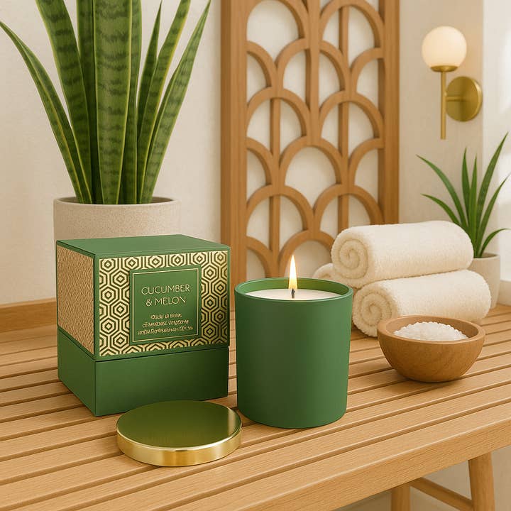 Mod Lounge Paper Company - Wholesale Jar/Filled Candle - Cucumber & Melon Holiday Spa Mid Century Green Boxed Candle1