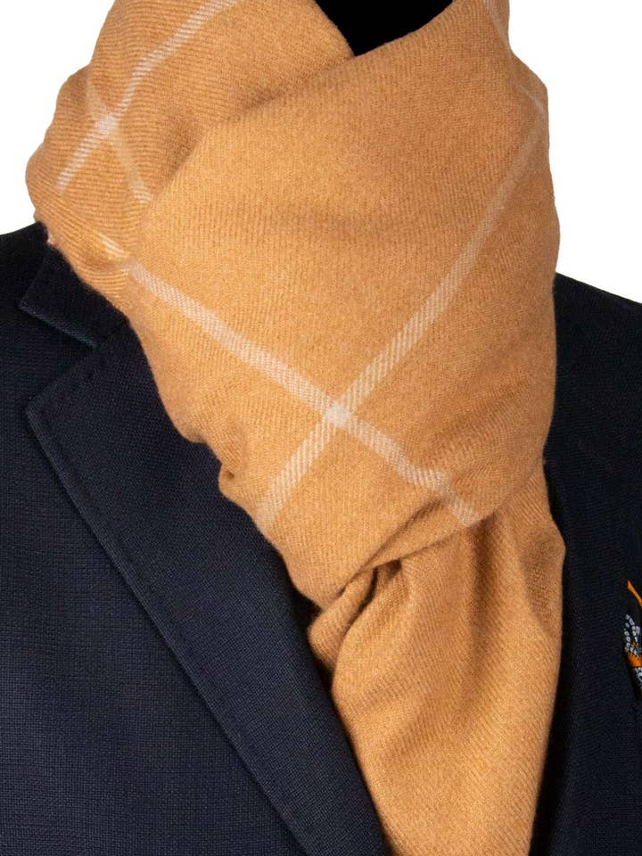 Pashmina-sjaal van wol, mosterdkleurige ruit, beige SC84 voor wholesale door Graffeo Cravatte