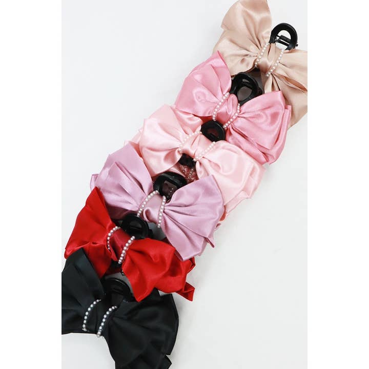MIX COLOR Satin Bow with Pearl Bead Hair Claw for wholesale on Faire