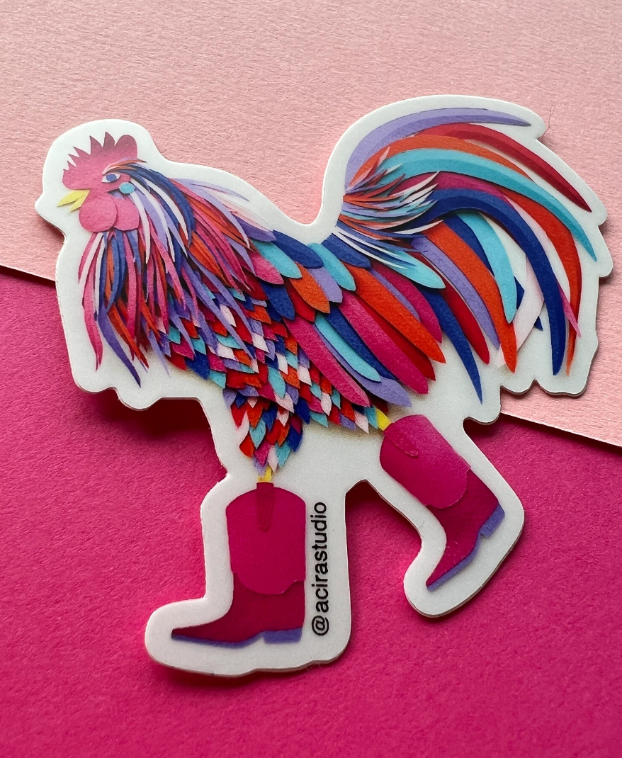 ACira Studio LLC - Wholesale Sticker - El Gallo with Pink Boots Sticker2