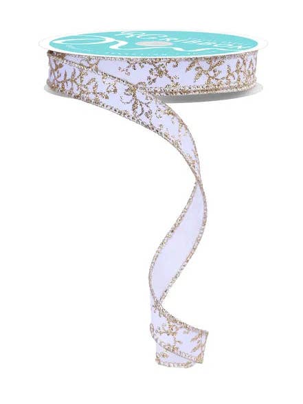 5/8" x 10yd Glitter Mini Leaf Vines-White/Gold-RGF1393C6 for wholesale by General Wholesale Inc