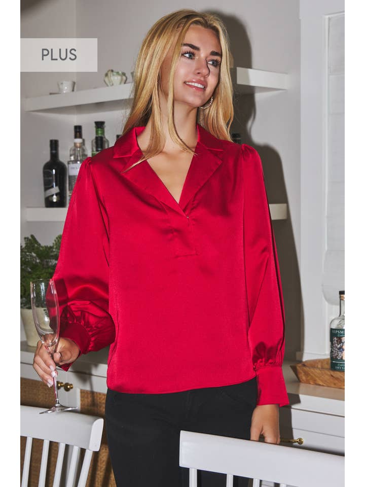Oddi - Wholesale Blouse - Women's - Plus Satin Long Sleeve Collared Blouse