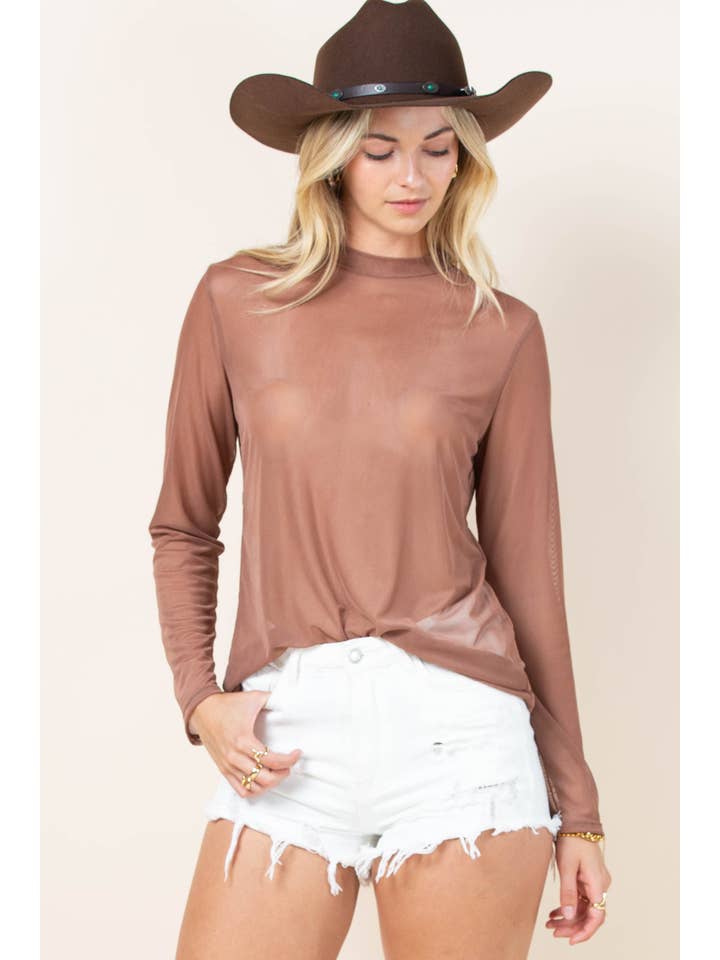 Mocha AV1230-GEMMA SOLID SEMI SHEER LONG SLEEVE MESH TOP for wholesale on Faire