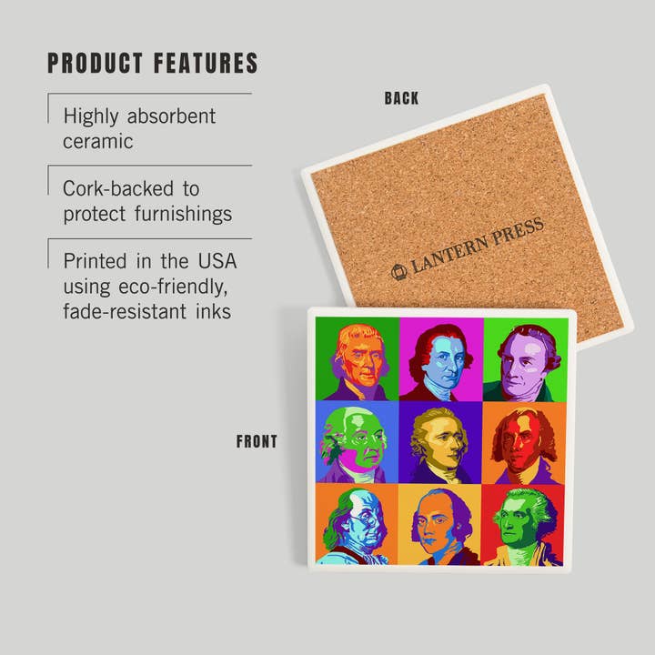 Lantern Press - Wholesale Coasters - Ceramic Coaster Founding Fathers, Pop Art2