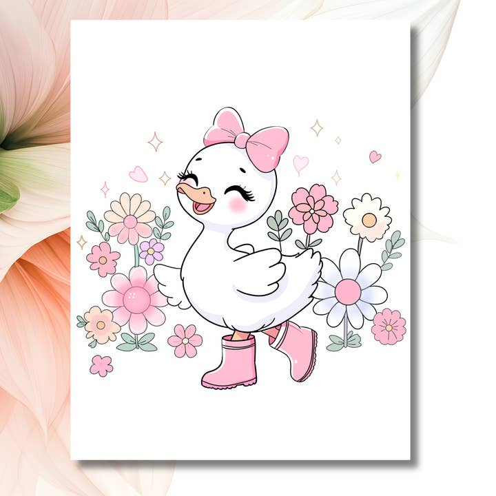 Biglietto Dolce Anatra con Fiocco Rosa – Saluto Floreale Fantasioso per la vendita all'ingrosso da parte di Dumplings and Us