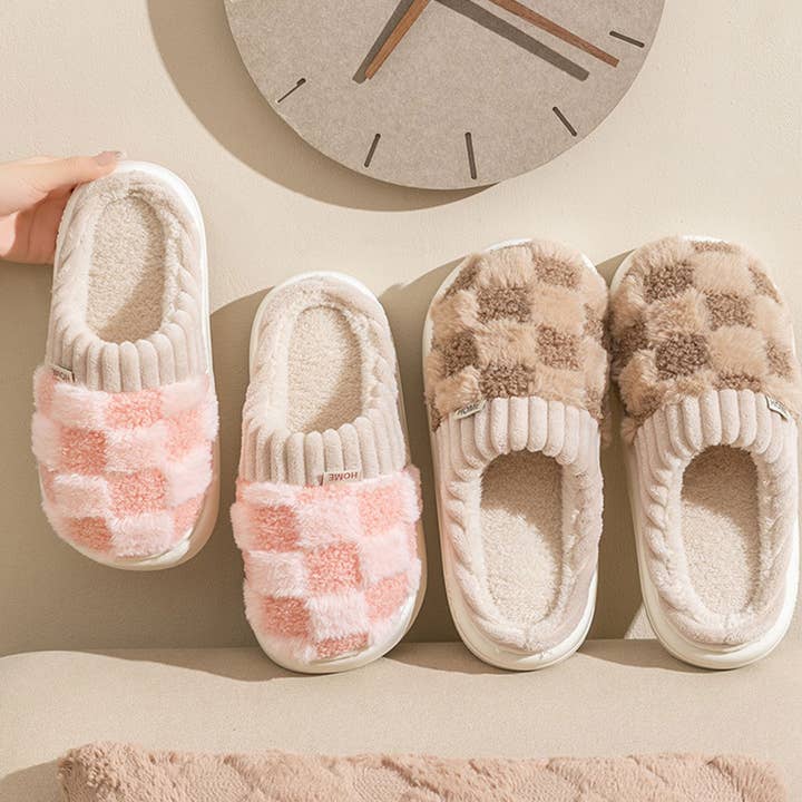 ACCITY - Wholesale Slippers - Women's - Checkered Fuzzy Warm Slippers – Cozy & Stylish_CWSHS0270