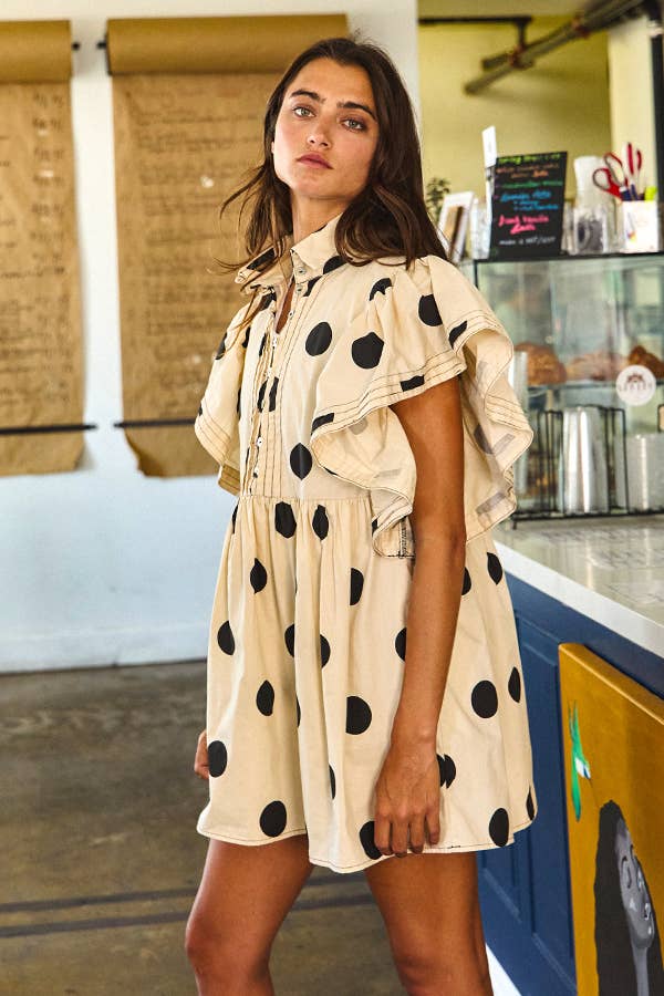 BUCKETLIST INC - Wholesale Dress - Women's - ID4283 Ruffle Sleeve Pintuck Detail Polka Dot Mini Dress10