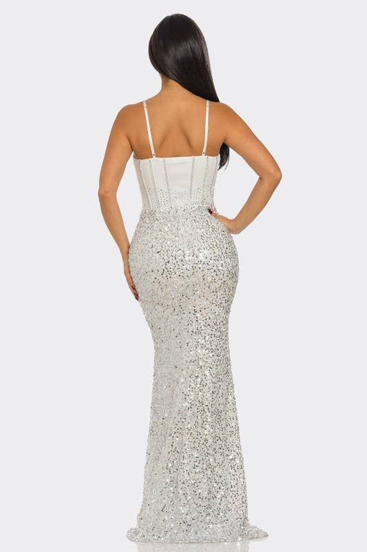 BANJUL – Großhandel Kleid – Damen – Paillettenbesetztes schmales Träger-Maxikleid5