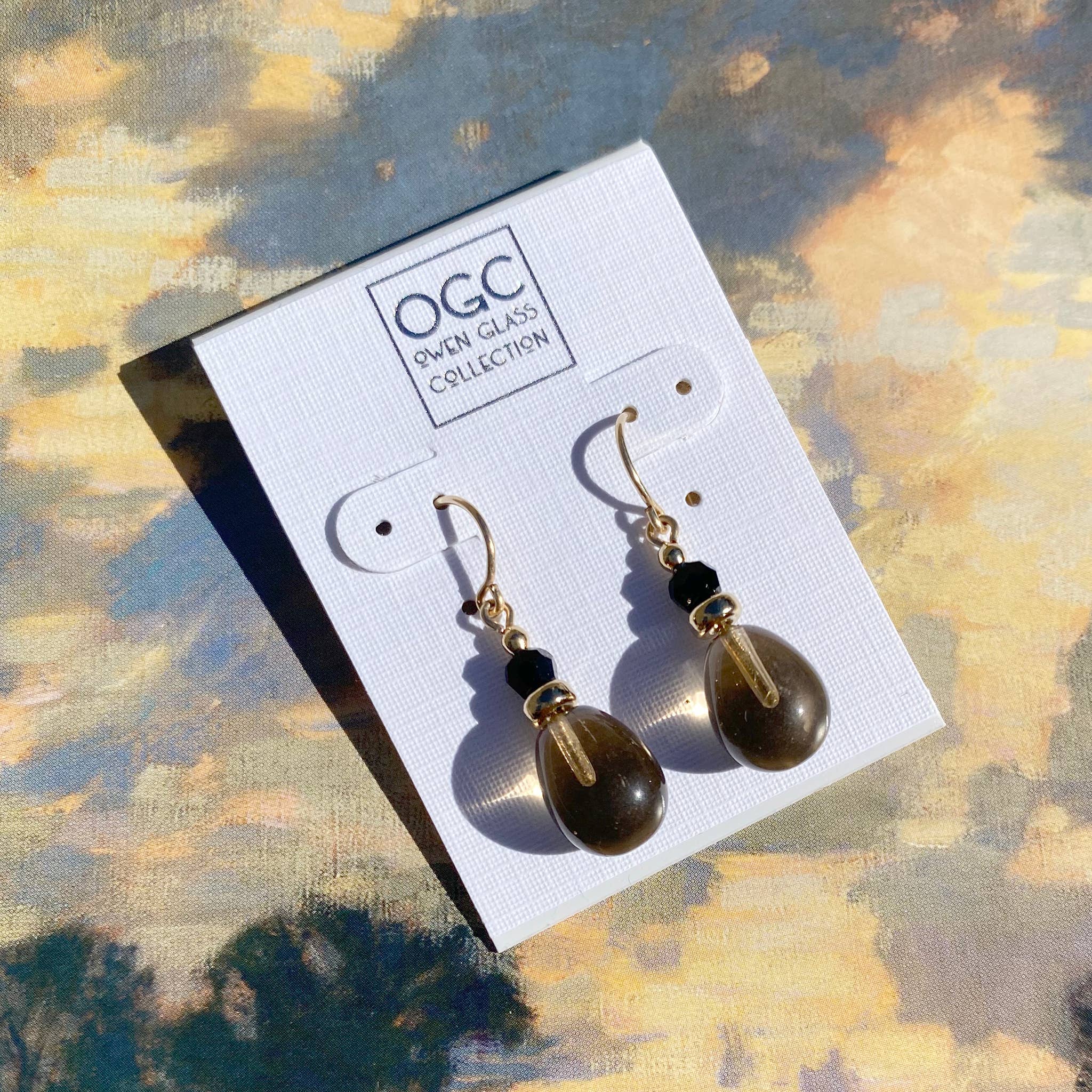 Owen Glass Collection - Wholesale Dangle Earrings - BANNERS 29 - LIGHT SMOKE TOPAZ GLASS EARRINGS, JET CRYSTAL2