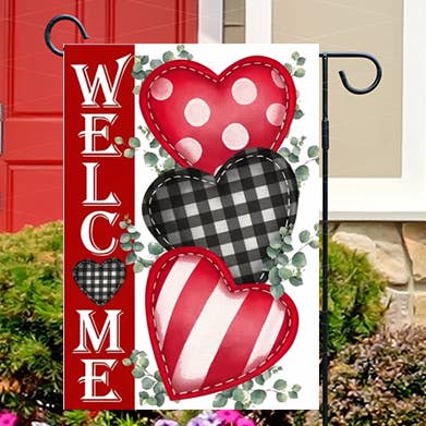 Welcome Three Valentine Hearts Garden Flag ~ 12x18 for wholesale by Bad Bunny Designs