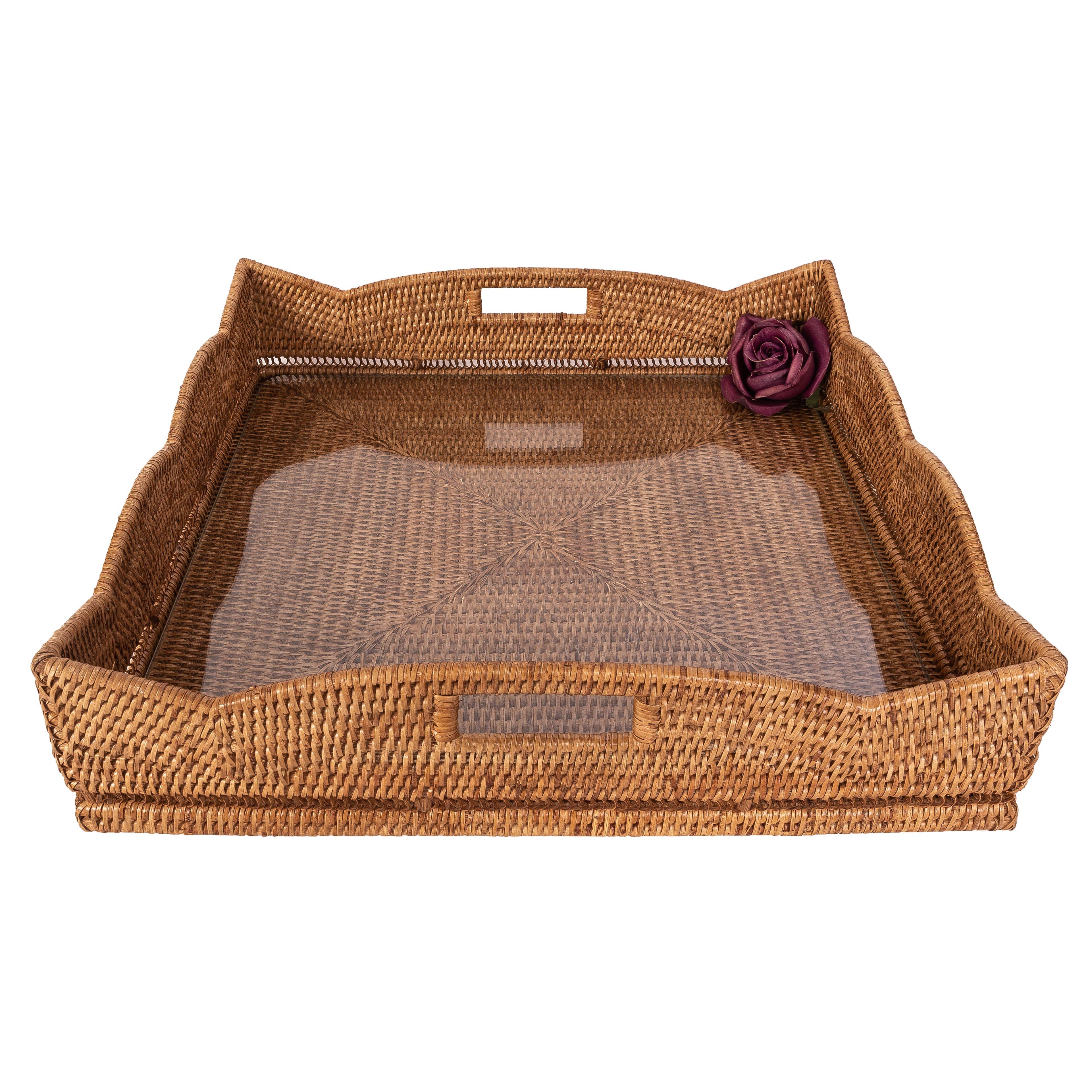 Artifacts Trading Company - Wholesale Decorative Tray - Rattan Scallop Square Tray with Glass Insert2