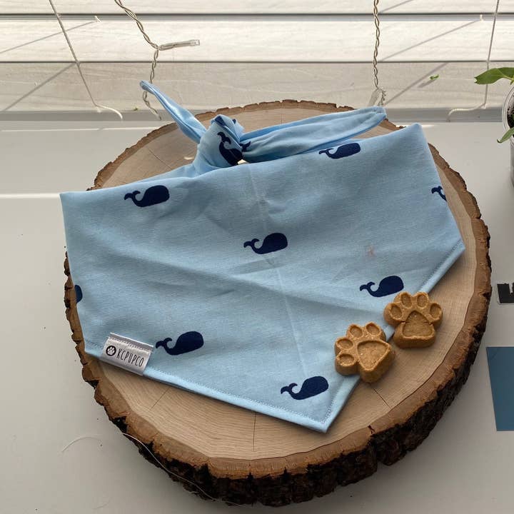 Oh Whale! Bandana | Navy Whales on Light Blue Cotton Tie On Bandana for wholesale by kcpupco