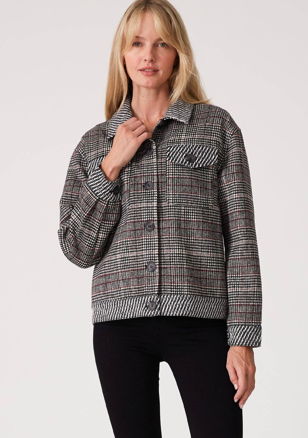 Wine Blk Patchwork Plaid Button Front Collared Jacket for wholesale on Faire3