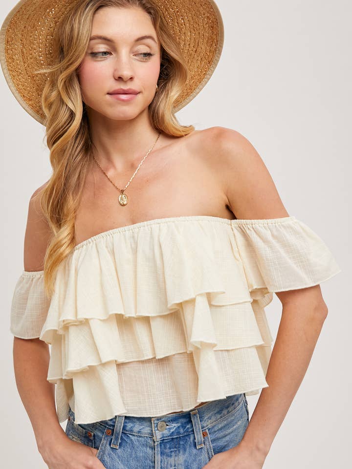 Bluivy - Vente Chemisier – femme - HAUT COURT TEXTURÉ À ÉPAULES DÉNUDÉES À ÉTAGES10