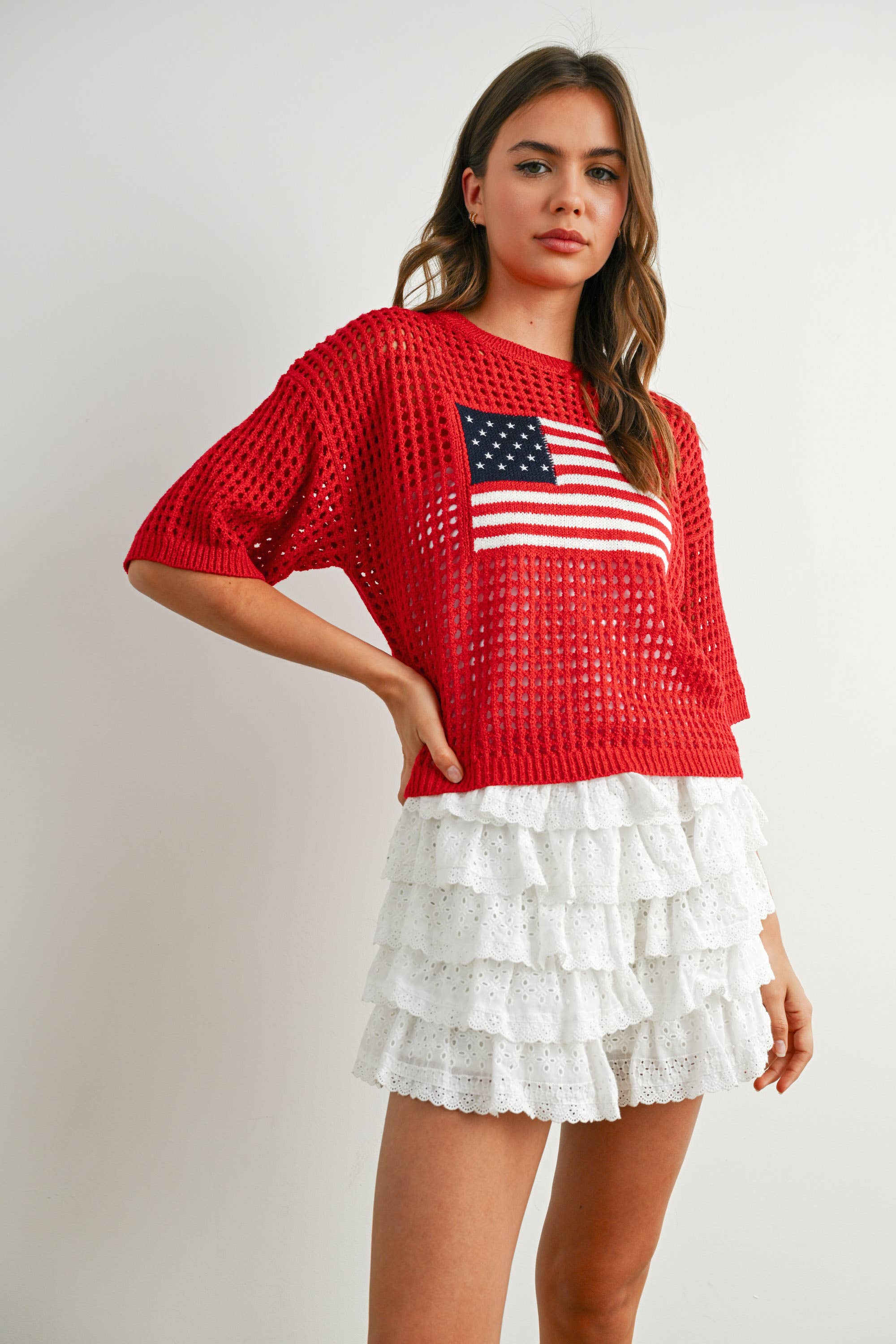 BUTTERMELON - Wholesale Knit Top - Women's - Flag Print Open Knit Crochet Sweater Top - BMW773526