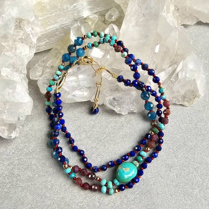 Jules Wrap Bracelet or Necklace-Turquoise/Lapis/Apatite/Ruby for wholesale by James & Jezebelle Jewelry
