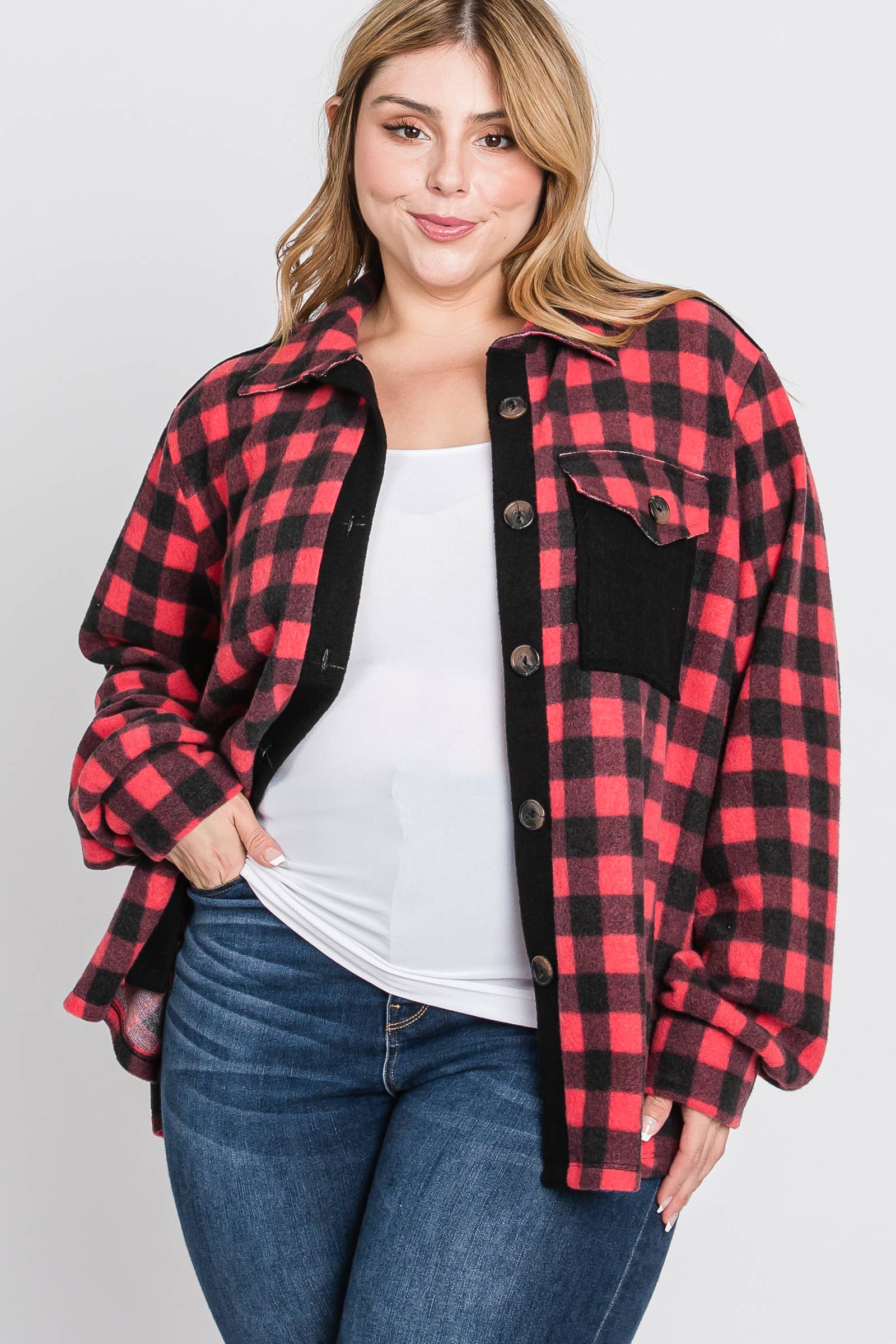 Red Plus Plaid brushed knit shirt jacket-PLT4604B for wholesale on Faire2