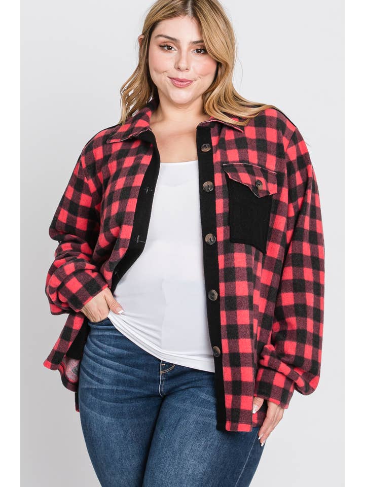 Red Plus Plaid brushed knit shirt jacket-PLT4604B for wholesale on Faire2
