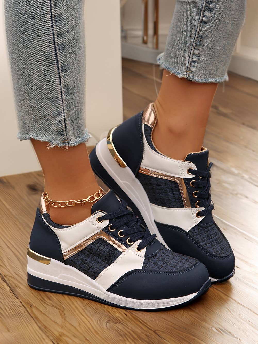 Sail Blue Glitter Patched Lace-up Wedge Sneakers for wholesale on Faire1