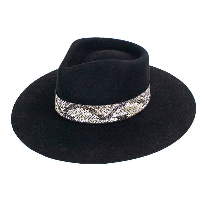 Boa Wool Felt 3.5 Inch Wide Brim Snake Skin Leather Band Hat for wholesale by Nature Checkout Inc