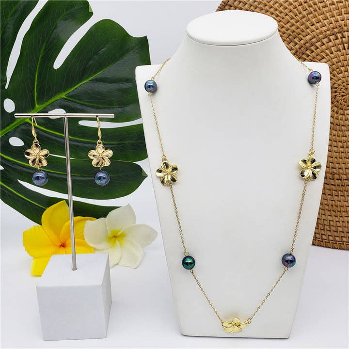 Set Of Hawaiian Earrings And Necklace With Plumeria Flowers And Metallic Green-Purple Pearls for wholesale by S&T Collections