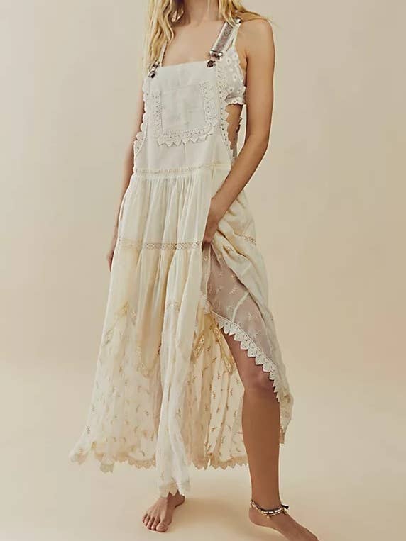 Rosa Clothing - Wholesale Overalls - Women's - Bohemian Flowy Lace tiered Bib Maxi Dress
