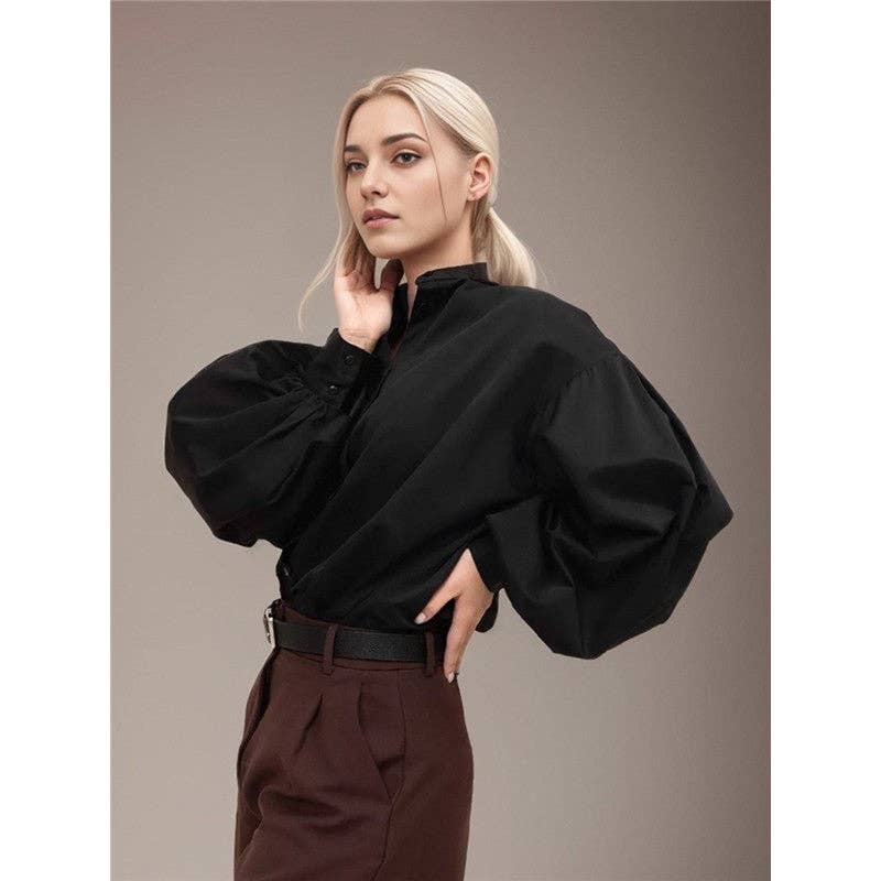 ShieldChic - Wholesale Button Down Shirt - Women's - Solid Color Lapel Single Breasted Lantern Sleeves Blouse1