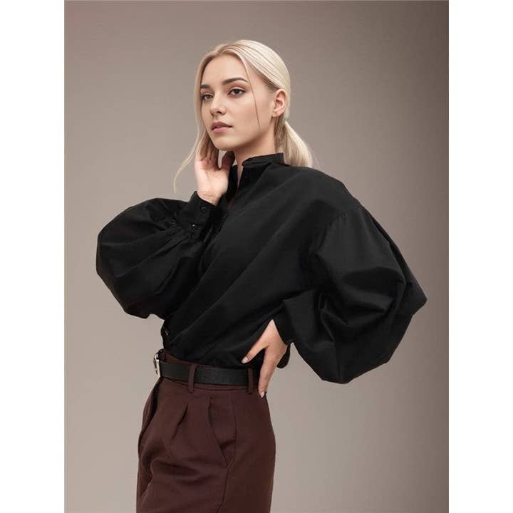 ShieldChic - Wholesale Button Down Shirt - Women's - Solid Color Lapel Single Breasted Lantern Sleeves Blouse1