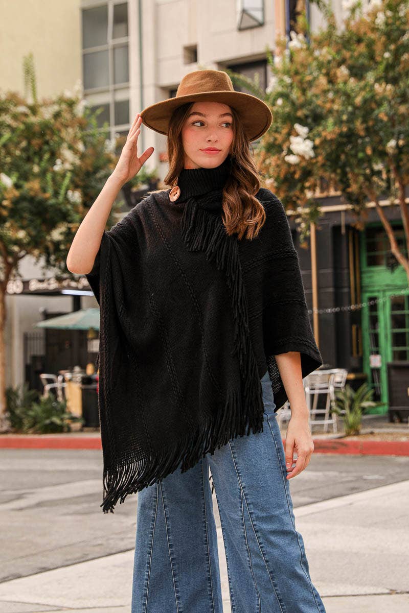 Leto Accessories - Wholesale Poncho - Women's - Button Neck Fringe Poncho - Fall & Winter Essential9