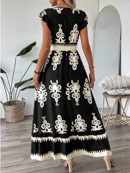 Rosa Clothing - Wholesale Dress - Women's - Boho Ethnic Print Ruffled Sleeve V-Neck Dress