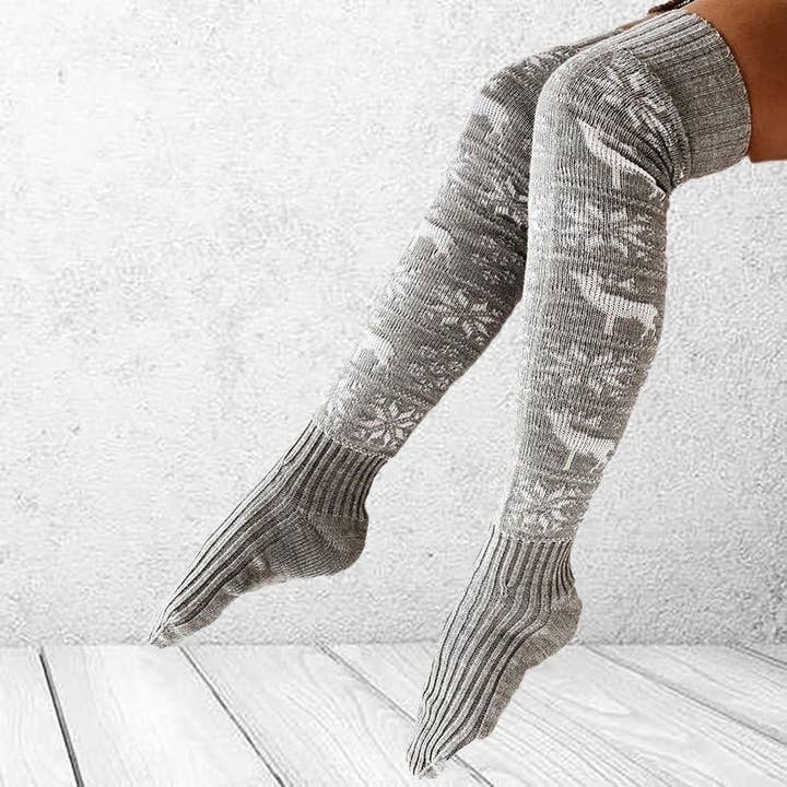 FurDecoration – wholesale Strumpor - Dam – Tjocka julsnöflinga Jacquard stickade långa strumpor