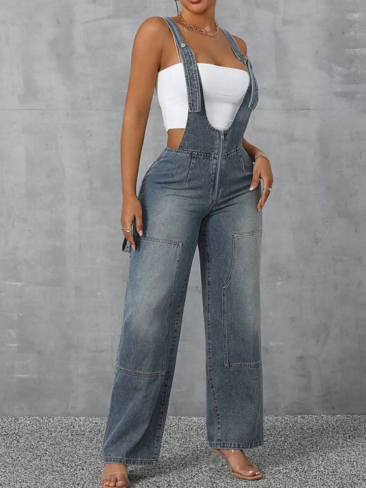 Blak Wardrob - Wholesale Overalls - Women's - Zip Front Wide Strap Denim Overalls1