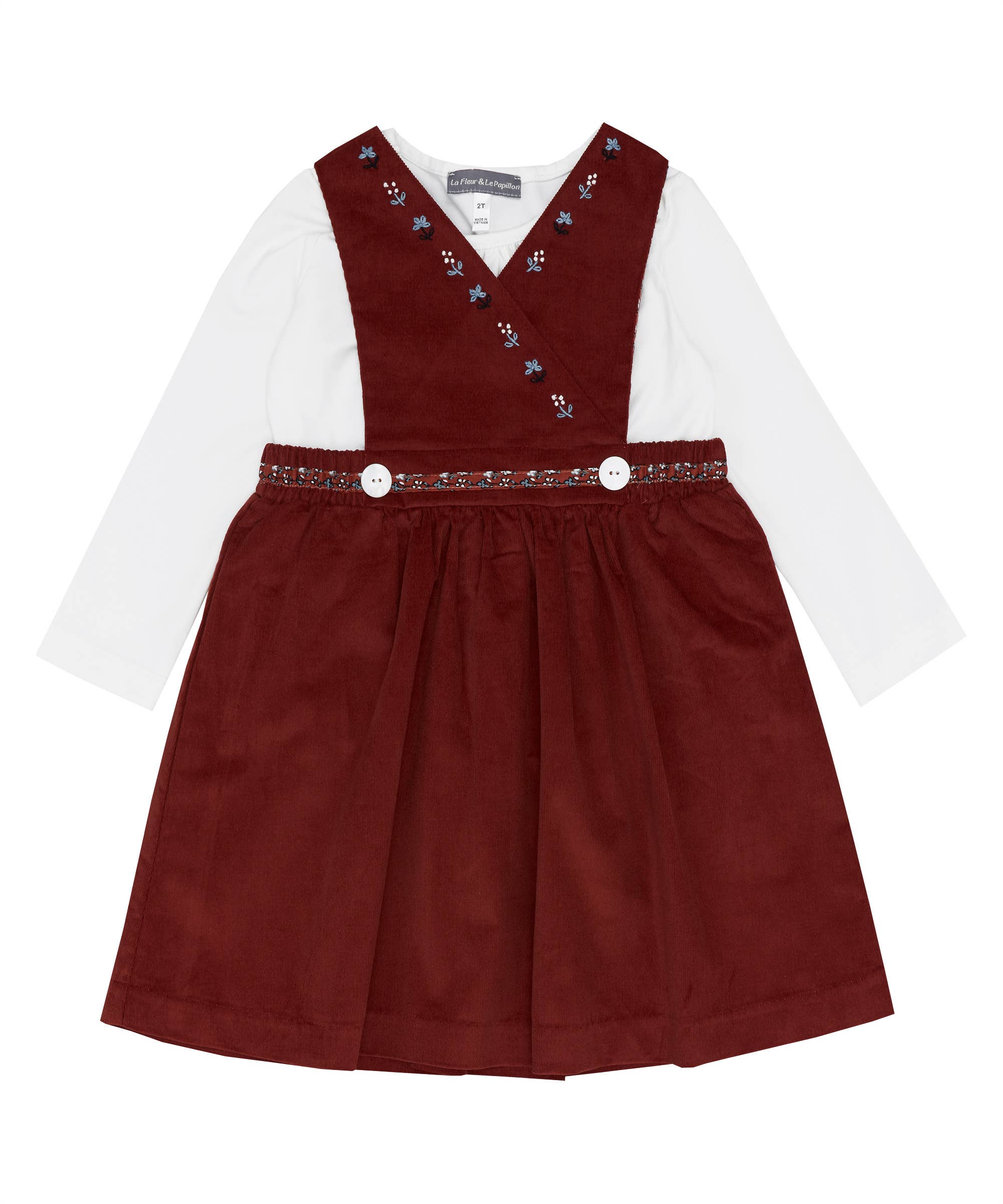 Smocked Bebe - Wholesale Dress - Kids - Brown Embroidered Corduroy Dress + Knit Top