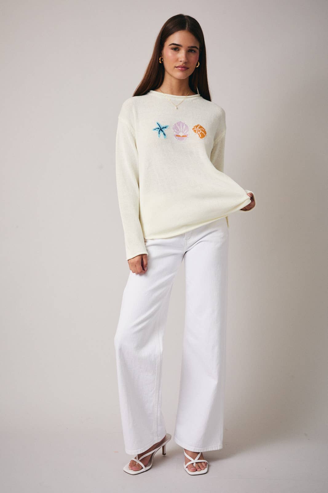 CREAM ROUND NECK LONG SLEEVE 'SEA' GRAPHIC SWEATER for wholesale on Faire3