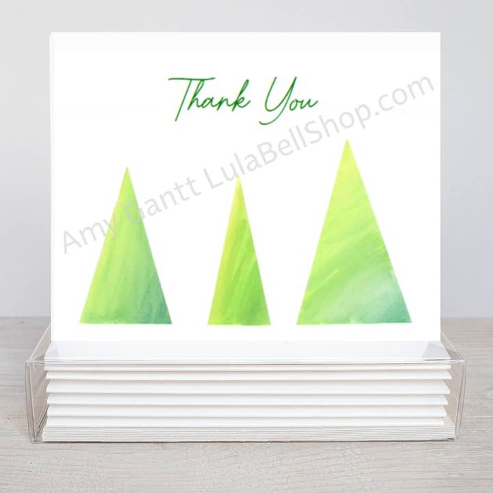 Merci - Cartes de correspondance en boîte avec motif de triangle d'arbre pour la vente par Lula Bell Cards and Gifts