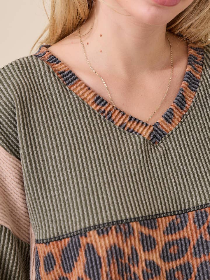 Celeste Clothing - Wholesale Knit Top - Women's - WOMEN'S RIB COLOR BLOCK ANIMAL PRINT LONG SLEEVE TOP6