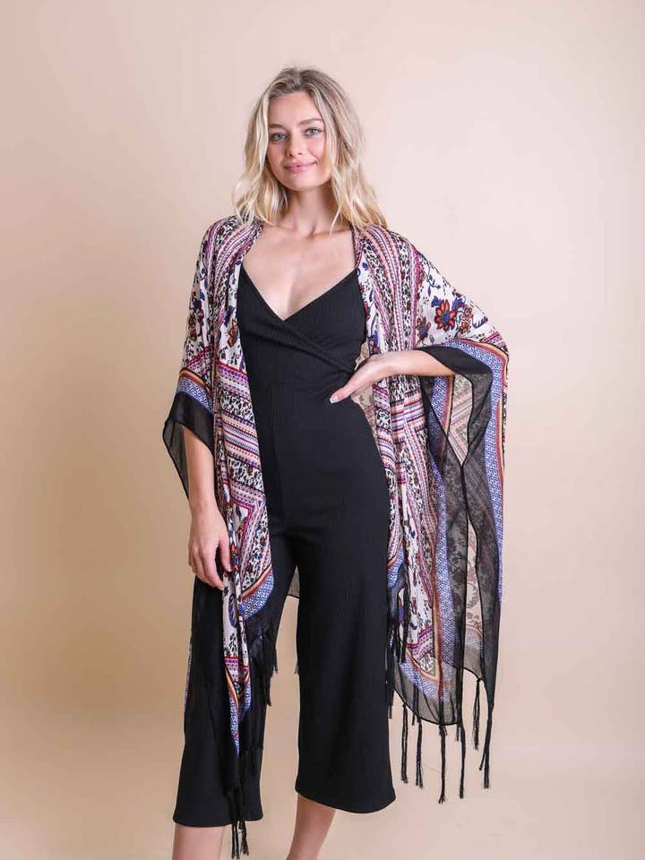 Leto Accessories - Wholesale Kimono - Women's - Bohemian Diamond Tassel Kimono - Fan Favorite!