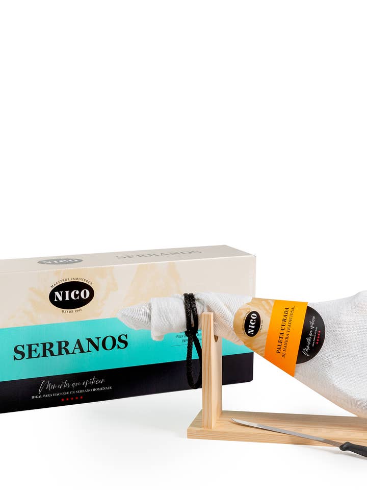 LOTTO - CONFEZIONE SPALLA STAGIONATA + Supporto per prosciutto + Coltello per la vendita all'ingrosso da parte di NICO JAMONES