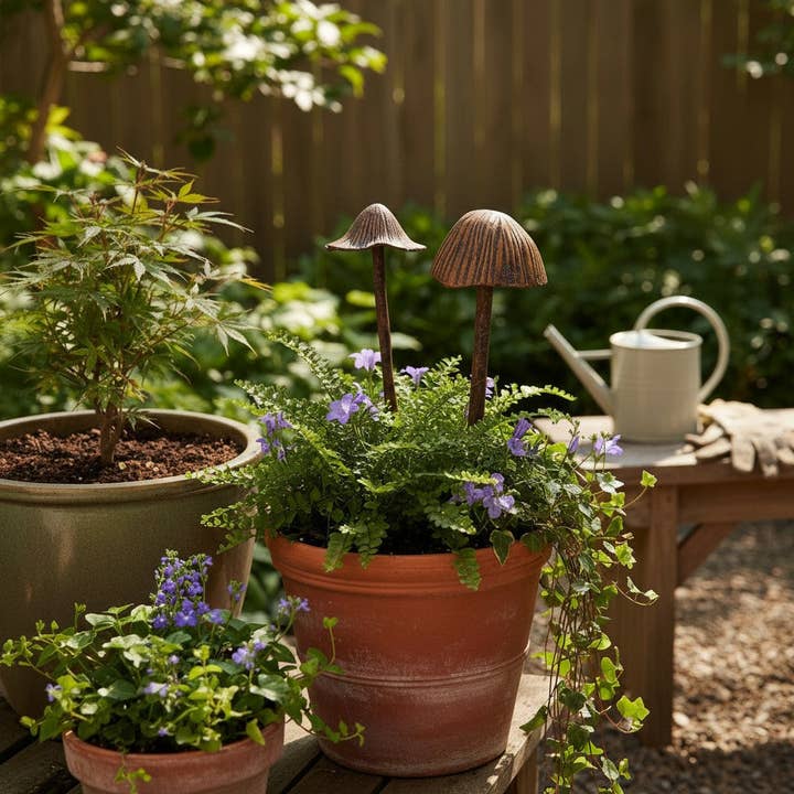 Mushroom Garden Stakes, Set of 2 Aged Copper Finish for wholesale by Iron & Blossom