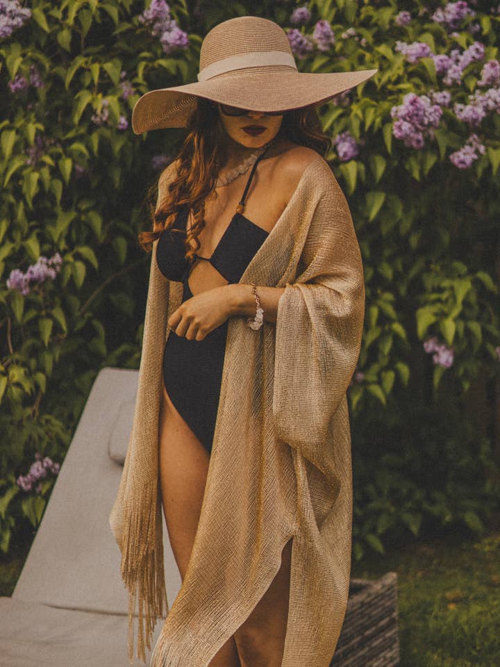 Viscose Metallic Tassel Kimono Beach Cover up in Gold for wholesale by Xander Kostroma