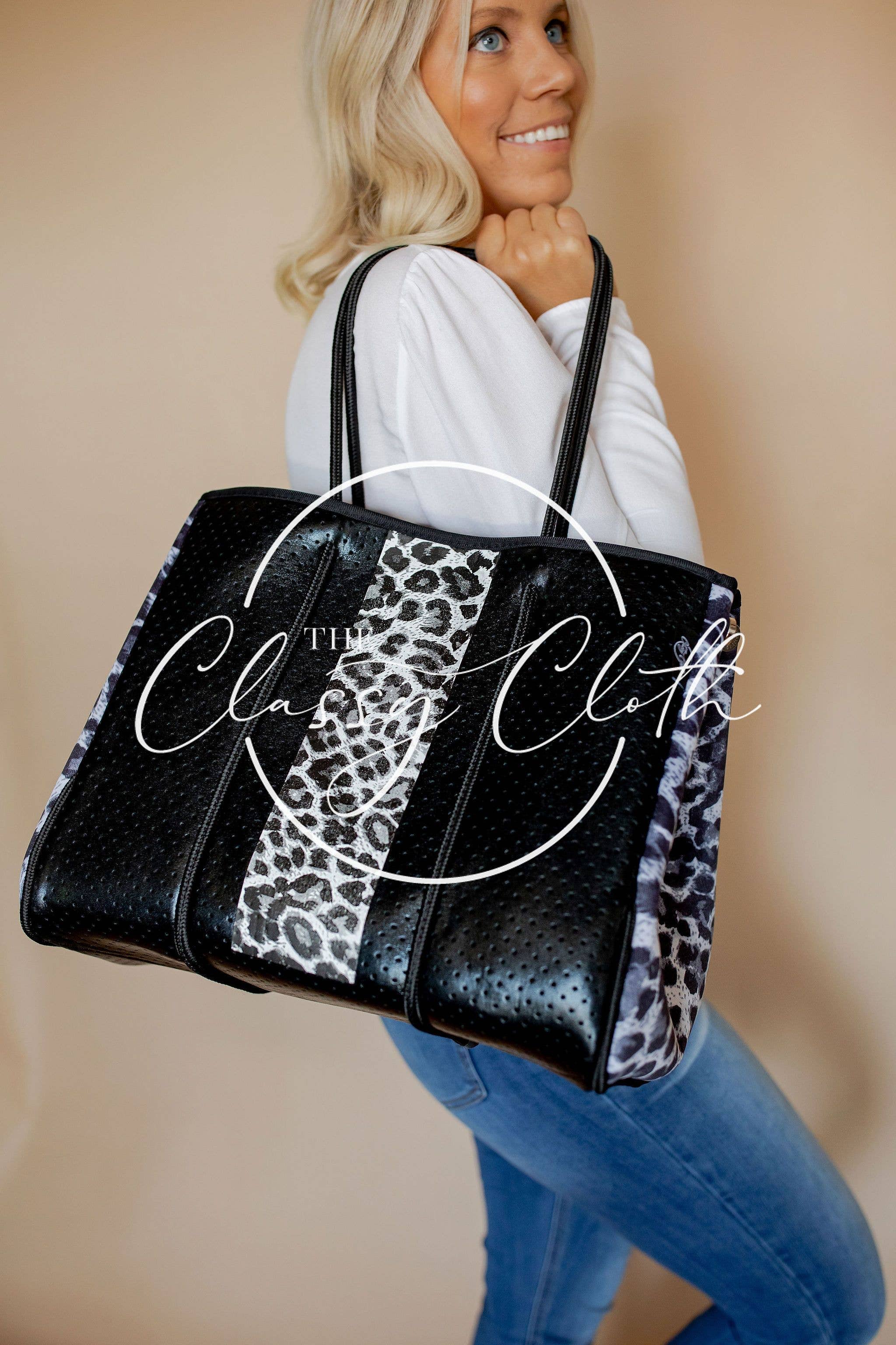 The Classy Cloth WS - Wholesale Beach Bag - Beach Bag - Black w Black & White Leopard Sides RTS2