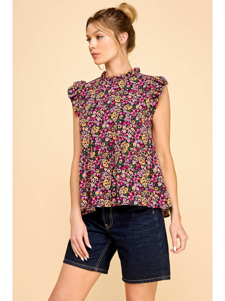 Black Floral Printed Top with Ruffled Neck and Sleeves for wholesale on Faire